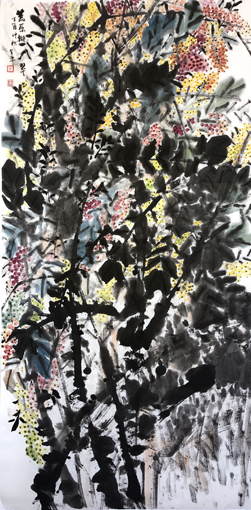 道金平作品《荒原撷翠》68x138cm,2017年。
