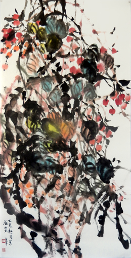 道金平作品《海棠》68x138cm.2015年。