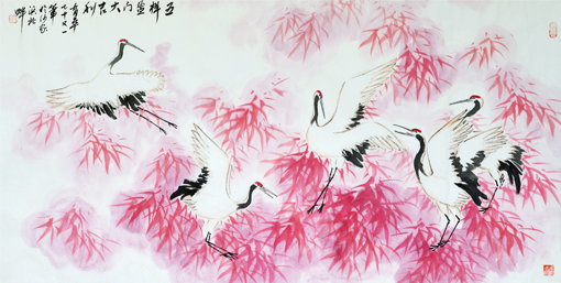 《丹顶朱竹》134x68cm