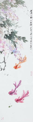 《紫藤金鱼》134x34cm