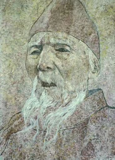 蒋征作品世界独创拼贴油画《齐白石肖像》78x108cm此画用擦油画笔废弃的颜料纸待凉干后拼贴成画，近看乱糟糟，远看酷似油画，别有油画风味。