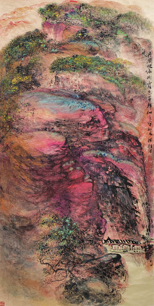 梁桂才作品《丹岩映绿树,霞色罩祥和》规格:196cmx98cm.jpg